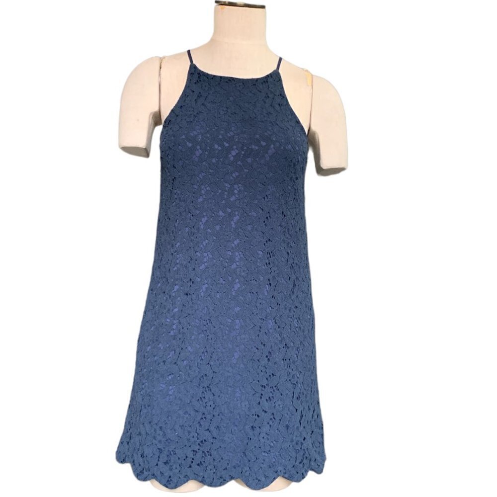 Monteau‎ Lace Sleeveless Scallop Hem Tank/Mini Dress Sz M Navy Blue 29N